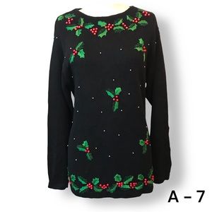 Studio Collection Vtg Embroidered Ugly Christmas Sweater Black Holly Sz M